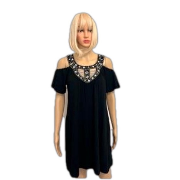 Boston Proper Cold Shoulder Gem Embellished Mini Dress Black Silver and … - Picture 1 of 3
